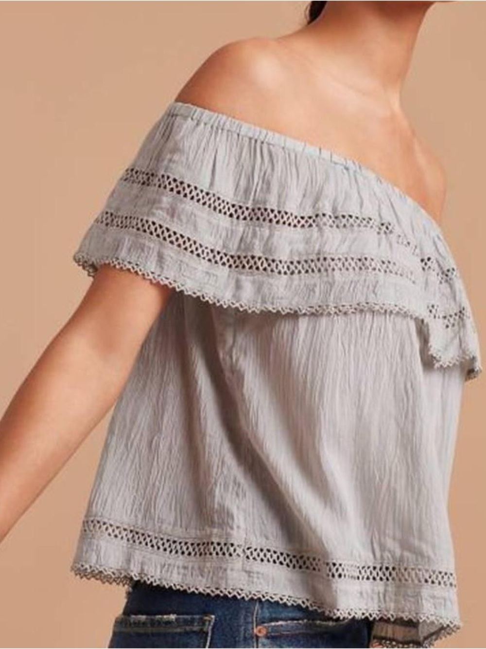 Aritizia Wilfred off shoulder Hollande top S ashen grey gray crochet blouse boho